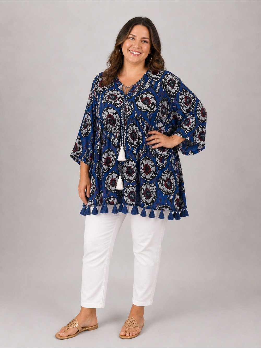 Anthropologie Blue Printed Tassel-Trim Tunic
